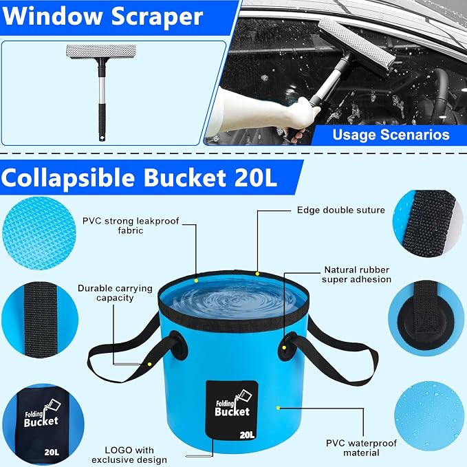 THINKWORK Car Wash Kit with Foam Gun, Extendable Mop & Collapsible Bucket | Adjustable Spray, Complete Car Detailing Kit, Soft Microfiber, Scratch-Free Paint Protection, Car & Home Use, Great Gift