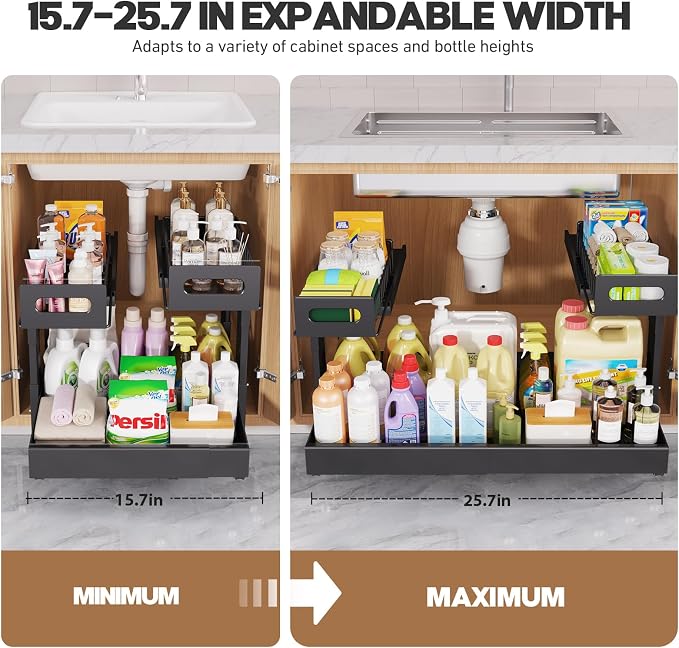 1 Pack-16"-26"W Expandable Under Sink Organizer With Upgrade Ball-Bearing Slide,2-Tier Pull Out Under Cabinet Organizer Height Adjustable,Not Suitable For Cabinets With Partitions In The Middle