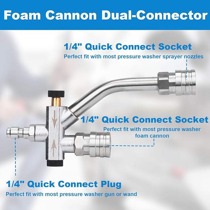 Short Wand Pressure Washer Gun Foam Cannon 1/4" Quick Connector Pressure Washer Accessory,Car Wash Foam Gun Dual Ended Shift Connector 5 Pressure Washer Nozzles M22-14, M22-15 Brass Fittings