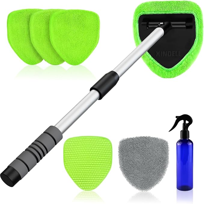 XINDELL Interior Windshield Cleaner Tool – Car Interior Window Cleaning Kit with 29inch Extended Long Handle & 4 Microfiber Pads, Auto Wiper Windshield Brush for Car, Trucks, SUVs, RVs & Home