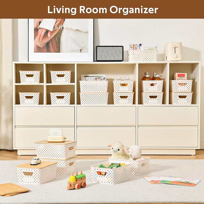 8 Pack Plastic Storage Bins with Bamboo Lids - Stackable Storage Baskets with Handle for Pantry Organizer and Storage, Plastic Containers Bins Lidded Storage Bins for Classroom Office Shelves