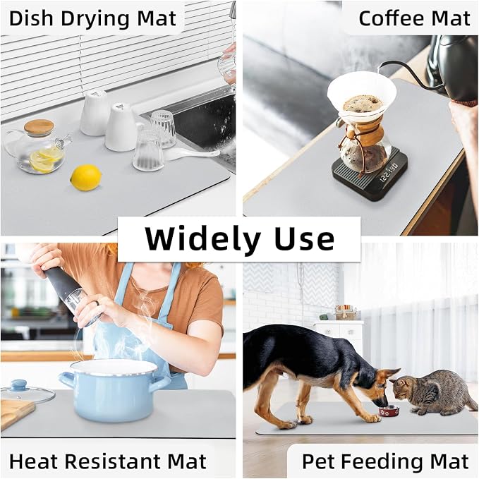 LOPNUR Kitchen Dish Drying Mat, 31.5"x17" Dish Drying Mats for Kitchen Counter, Diatomite Coffee Mat, Super Absorbent Dish Drying Pad, Heat Resistant Mat with Anti-slip Rubber Backed, Light Grey