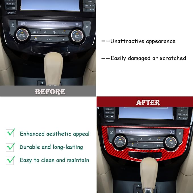 Red Real Carbon Fiber Trim for Nissan Rogue Accessories | for 2014-2020 / Rogue Sport 2017-2022 Air Conditioner A/C Button Panel Sticker Interior Thick Overlay Decal