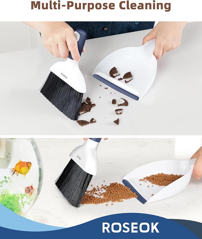 ROSEOK Mini Dustpan and Brush Set, Small Broom and Dust Pan, Navy Blue | Portable Cleaning Brush and Dustpan Combo for Kitchen Counter, Tables, Office, Car