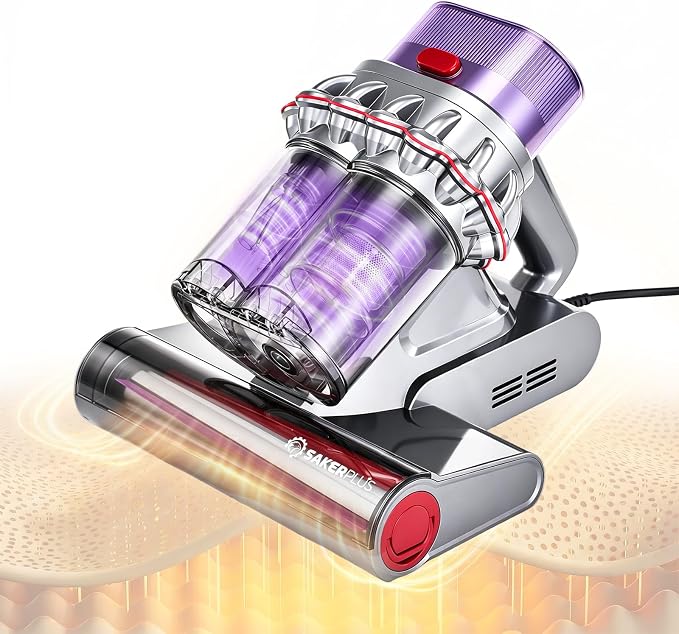 SakerPlus Mattress Vacuum Cleaner, Bed Vacuum with Smart Dust Sensor, Strong Suction, Dual Dust Cup and Washable Rolling Brush for Bed, Mattress, Sofa, Couch and Pet Hair