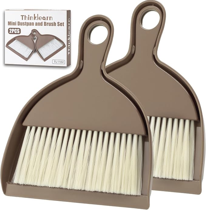 THINKLEARN 2PCS Small Dust Pan and Brush Set, Mini Broom Dustpan Kit | Portable Brush Dustpan Combo Set, Brown Cleaning Supplies