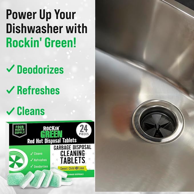 Rockin' Green Deep Cleaning and Deodorizing Tablets for Dishwashers, Washing Machines, and Garbage Disposals, Removes Odor and Residue (Garbage Disposal Cleaning Tablets, 24 Pack)