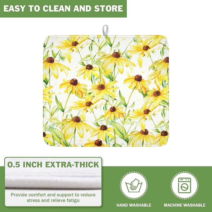 Yellow Sunflower Dish Drying Mat for Kitchen Counter 16x18 Inch | Floral，Polyester，Absorbent Microfiber，for Coffee Dining Bar Decor