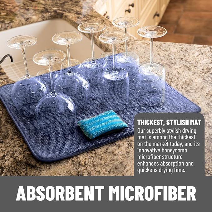 Bellemain XXL Dish Mat Microfiber Dish Drying Mat, Super absorbent (16" x 18", Navy)