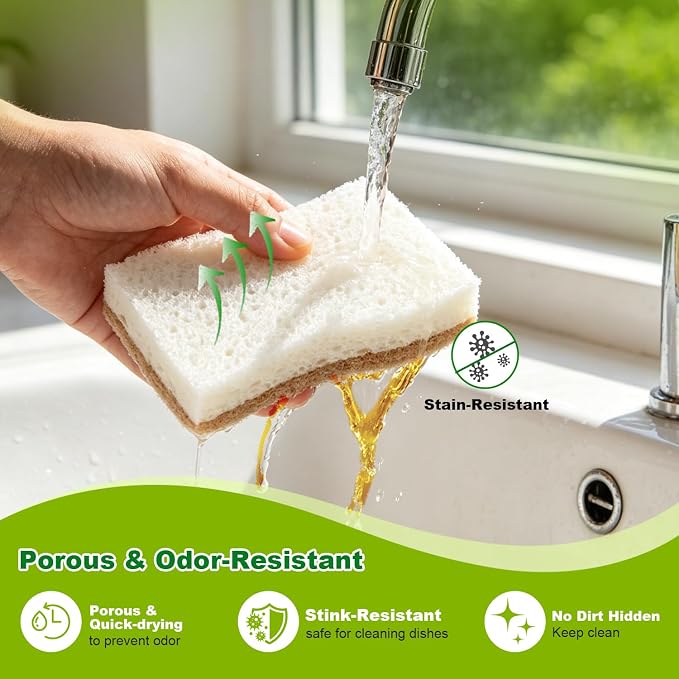 HOMEXCEL Sponges Kitchen, 24 Packs Non-Scratch Natural Sponge for Dishes Cookware, Biodegradable Cellulose Scrub Sponges for Dishwashing Cleaning Household Bathroom