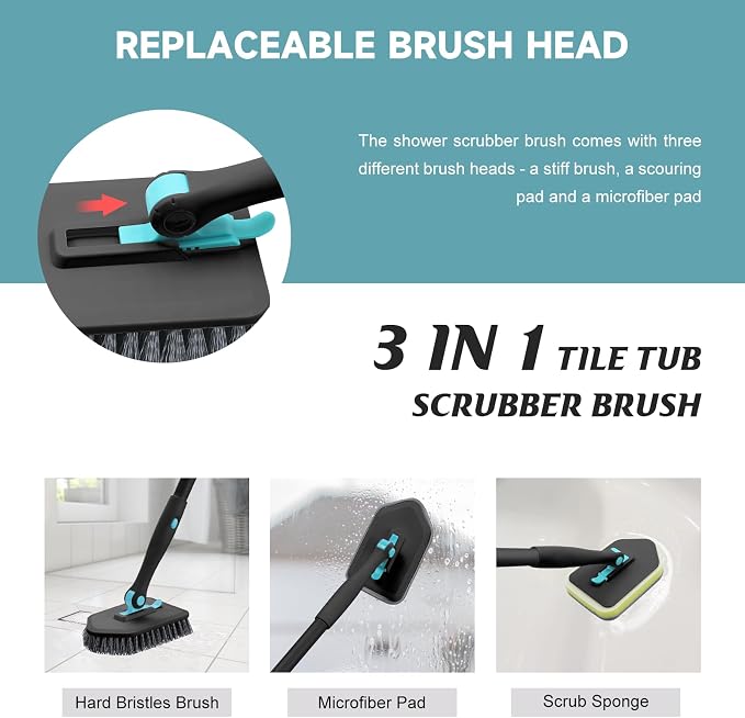 nacena Shower Scrubber with Long Handle, 4 in 1 Tile Tub Scrubber Brush with 3 Detachable Cleaning Shower Heads and Floor Squeegee Shower Cleaner Brush for Bathroom Kitchen Tub Sink Floor, Black