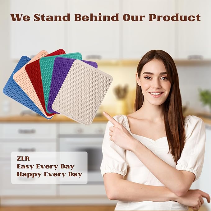 ZLR Silicone Dish Drying Mat for Kitchen Counter (12" x 16" / 307 x 405mm) - Large Fast-Dry Drainer Mat with Raised Wavy Ridges & 5mm Lip - Non-Slip, Heat Resistant 450°F, BPA-Free (Lava Red)