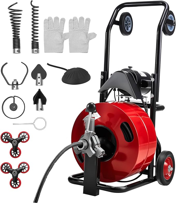 VEVOR Drain Cleaner Machine 100 FT x 3/4 Inch, Auto Feed Sewer Snake Auger, Portable Drain Cleaning Machine with Multi-Wheel Combination, 6 Cutters & Air-Activated Foot Switch for 4" to 8" Pipes