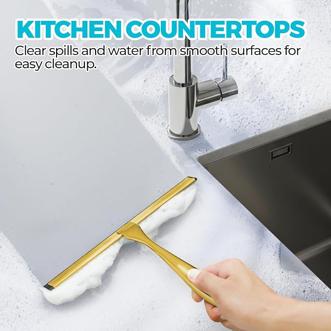 ALFLOD Shower Squeegee for Glass Doors, Tile Walls, Mirrors and Windshields | 10" gold, bathroom accessories, window cleaner, new home essentials, silicone blade, metal handle, adhesive hook