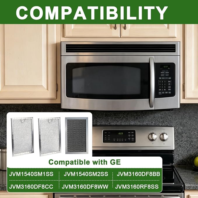 3PCS Microwave Grease and Charcoal Filter Set Compatible with GE JVM3160DF8BB JVM3160DF8CC JVM3160DF8WW JVM3160RF8SS JVM1540SM1SS JVM1540SM2SS