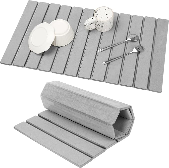 Extra Large Stone Dish Drying Mat for Kitchen Counter, 28"×16" Eco-friendly,Instant Drying Pad,Diatomaceous Earth Water Absorbing Mat, Foldable and Super Absorbent Dish Drying Stone Mat, Light Gray