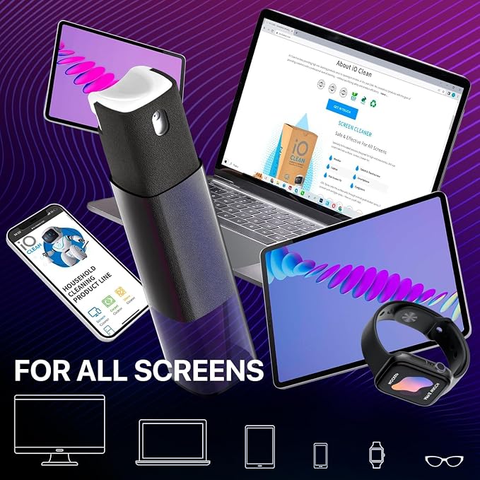 IO CLEAN Mini Screen Cleaner Spray – Finger Proof Screen Cleaner for | Smartphones, iPads, MacBooks, Laptops, Car Screens, Touchscreens – 3in1 Mist Cleaner, Microfiber Cloth and Cover (Dark Green)