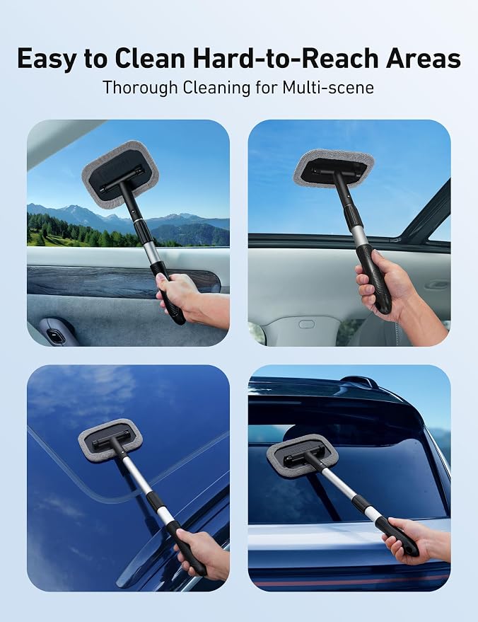 AstroAI Windshield Cleaner, Microfiber Window Cleaner with 4 Reusable Washable Large Sponge Pads, Extendable 180° Rotating Handle, Fits Cars & SUVs, Includes Spray Bottle, Gray
