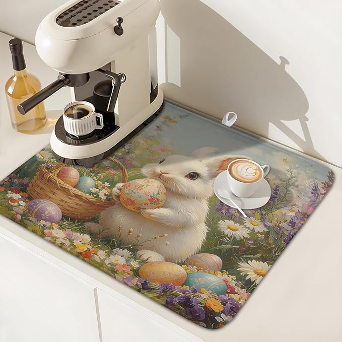 Easter Bunny Eggs Dish Drying Mat for Kitchen Counter 16 x 18 Inch Rabbit Floral Dish Drainer Mat Absorbent Microfiber Dish Rack Pad for Spring Holiday Coffee Dining Bar Decor