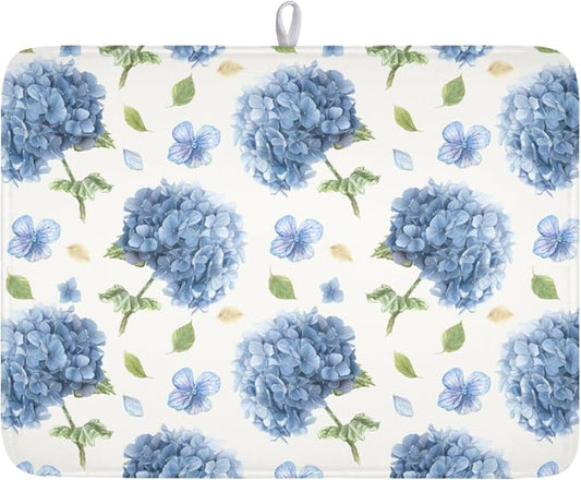 Spring Summer Blue Floral Dish Drying Mat 18x24 Inch | Hydrangea ，Polyester，Absorbent Microfiber，for Kitchen Coffee Dining Bar Decor