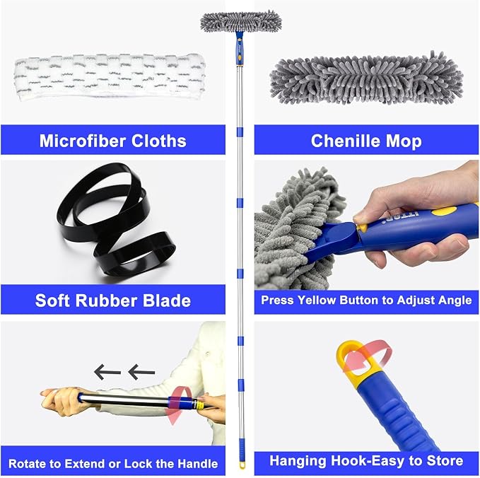 ITTAR Window Squeegee with 88 Inch Extension Pole, Rotatable Window Cleaning Kit with Long Handle, Rubber Blade & Microfiber/Chenille Pads Glass Cleaner Tool for Outdoor Windows, Glass, Car