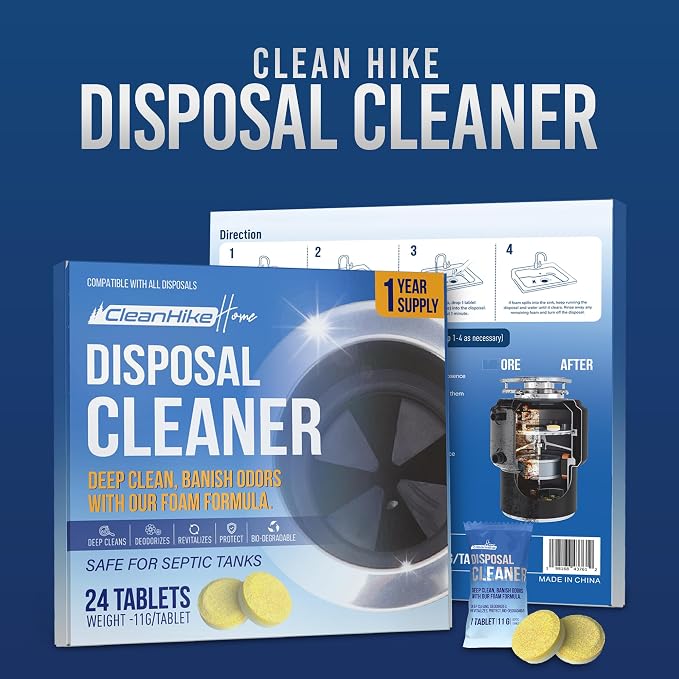 CleanHike Garbage Disposal Cleaning Deodorizer Tablets - (24 Pack), Super Fresh Lemon Foam Deep Cleaning Action Sink, Garburator, Disposer Freshener, Natural Kitchen Drain Care - 1 Year Supply