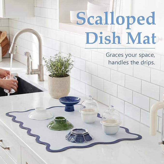 Scalloped Dish Drying Mat for Kitchen Counter, Absorbent Easy Clean Non-slip Coffee Bar Station Accessories, Trendy Cute Aesthetic Modern Drainer Kitchen Drying Mat, Navy Blue 12" x 19"