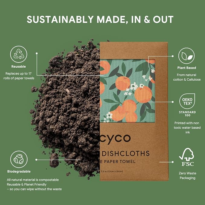 RECYCO Swedish Dishcloths for Kitchen | 6 Packs Orchard Grove Washable Dish Rags | Cellulose Reusable Cleaning Paper Towels | Absorbent Counter Dish Cloth Sponge Kitchen Wipes, 8" L x 7" W