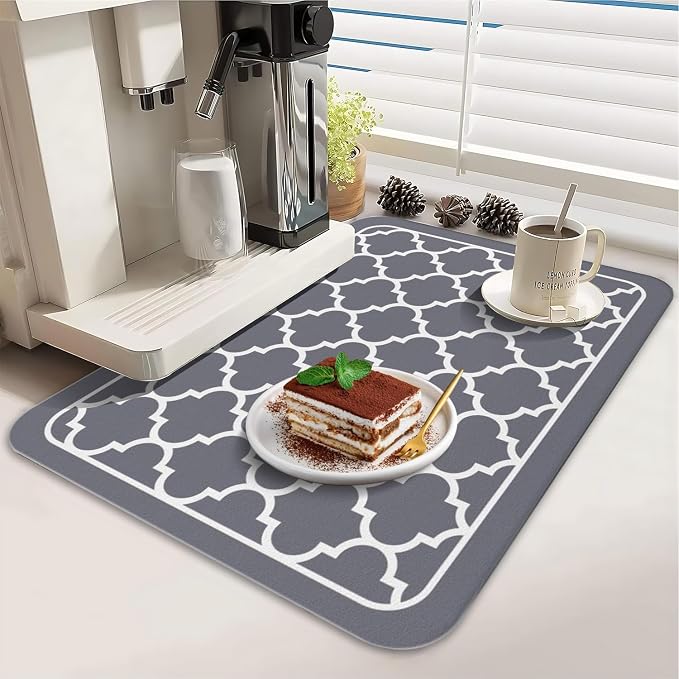 Dish Drying Mat 2-Pack in Grey Quatrefoil for Kitchen Counter Dishes Mat | Diatom Mud Mats (18x24, 19.5x12"). Non-slip rubber back for kitchen counter, coffee bar & sink scenes
