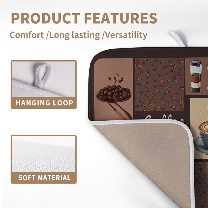Coffee Theme Dish Drying Mats for Kitchen Counter Absorbent Microfiber Dish Drainer Mats Brown Pattern Coffee Bar Mat for Countertop Washable Dishes Drying Pad 16x18 Inch
