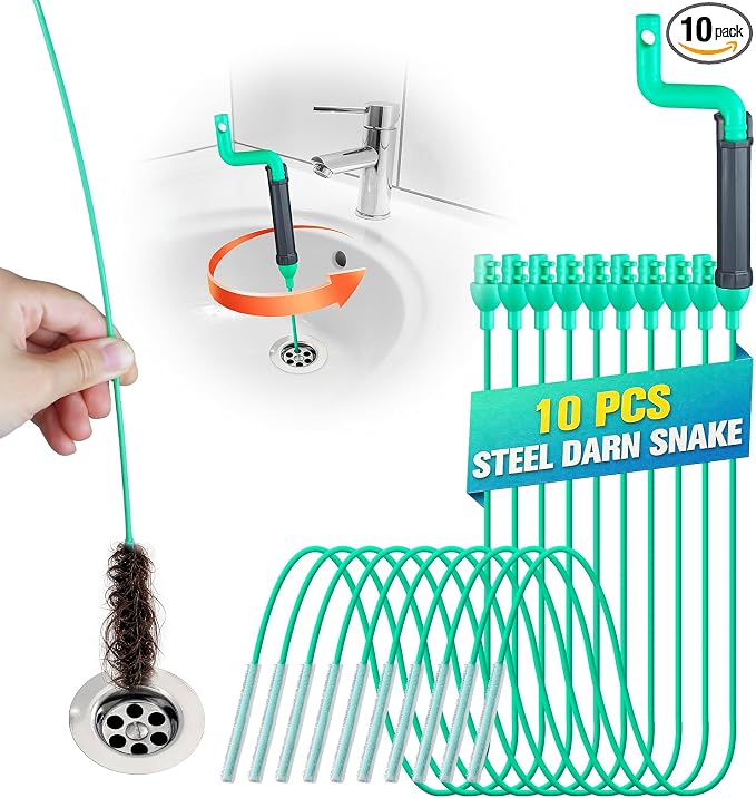 Drain Clog Remover Tool, 30-Inch Hair Clog Remover, Plumbing Snake Auger with Rotating Handle, Flexible Steel Shower Drain Snake for Cleaning Shower, Bath Tub, Easy to Use on Most Home-10 Pack
