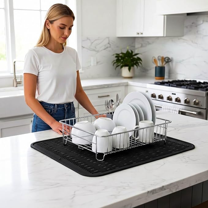 MicoYang Silicone Dish Drying Mat for Multiple Usage,Easy clean,Eco-friendly,Heat-resistant Silicone Mat for Kitchen Counter or Sink,Refrigerator or Drawer Liner Black 2XL 24 inches x 18 inches