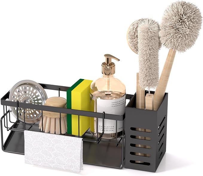 Kitchen Caddy Sink Organizer,Sponge Holder with Dish Brush Holder,Sponge Caddy Soap Dispenser Storage,304 Stainless Steel Kitchen Sink Accessories Over the Sink Shelf