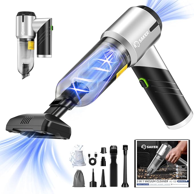 Saker Handheld Car Vacuum Portable Cordless17000PA Mini Air Duster Blower Rechargeable Foldable Vacuum Cleaner with Brushless Motor for Home, Office Pet HL132 Black | Mini Car Vacuum with Brushless Motor,Air Duster Blower,Rechargeable Foldable Vacuum C...