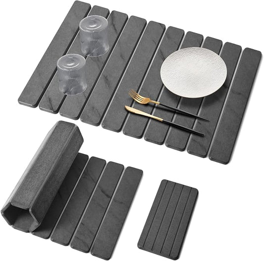 Large Stone Dish Drying Mat for Kitchen Counter, Quick Dry Dish Drying Mats, Foldable Absorbent Diatomaceous Earth Mats for Plate Rack Bottles Cups, Match Any Countertop (Gray Marble 24"×16" & 8"x4")