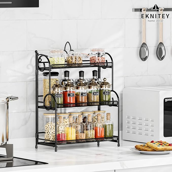 EKNITEY Bathroom Counter Organizer - 3 Tier Spice Rack(No Assembly) | Skincare Countertop Organizers, for Bathroom Kitchen Bedroom, Sturdy Metal Frame, Easy to Clean, Foldable, Black