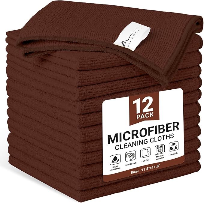 SIFANGKE Microfiber Cleaning Cloth, 12 Pack Brown Cleaning Rags for Housekeeping, Reusable Microfiber Towels for Car, Kitchen, Bathroom and Household Cleaning Supplies, 11.8"X11.8"