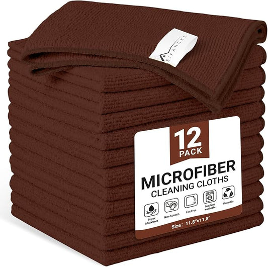 SIFANGKE Microfiber Cleaning Cloth, 12 Pack Brown Cleaning Rags for Housekeeping, Reusable Microfiber Towels for Car, Kitchen, Bathroom and Household Cleaning Supplies, 11.8"X11.8"