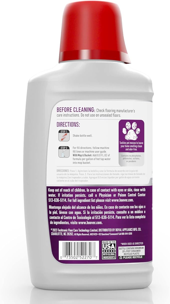 Hoover Pet Hard Floor Cleaner Solution, 32 oz., Jasmine Breeze Scent, Concentrated Pet Cleaning Formula, For Use on Sealed Vinyl, Sealed Hardwood, Tile and More, Pair with Hoover Hard Floor Machines | Concentrated Pet Cleaning Formula, For Sealed Vinyl...