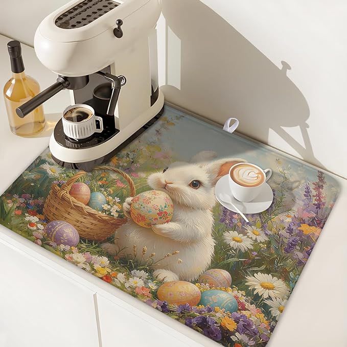 Easter Bunny Eggs Dish Drying Mat for Kitchen Counter 18 x 24 Inch Rabbit Floral Dish Drainer Mat Absorbent Microfiber Dish Rack Pad for Spring Holiday Coffee Dining Bar Decor