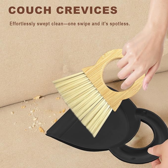 Mini Broom and Dustpan Set - Compact Bamboo Handle Cleaning Kit with Mini Dustpan Brush for Countertops, Tables, Desks - Small Dust Pan and Broom Combo for Tiny Spaces (Black)