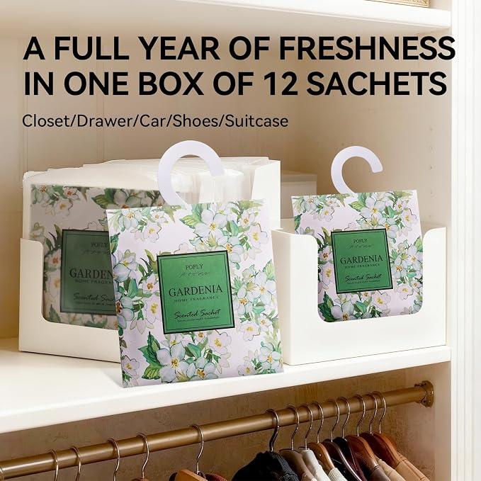 12 Pack Gardenia Scented Sachets, Air Freshener for Small Spaces | Hanging Sachet Bags with Retractable Hook; Closet Deodorizer & Odor Eliminator for Drawers, Shoe Cabinets, Cars & Luggage