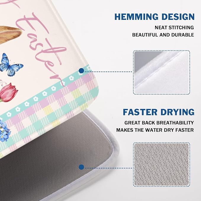 Easter Bunny Dish Drying Mat for Kitchen Counter Happy Easter Rabbit Floral Colorful Buffalo Plaid Microfiber Dish Drainer Mat Absorbent Washable Drying Pad Extra Large 18"x24"
