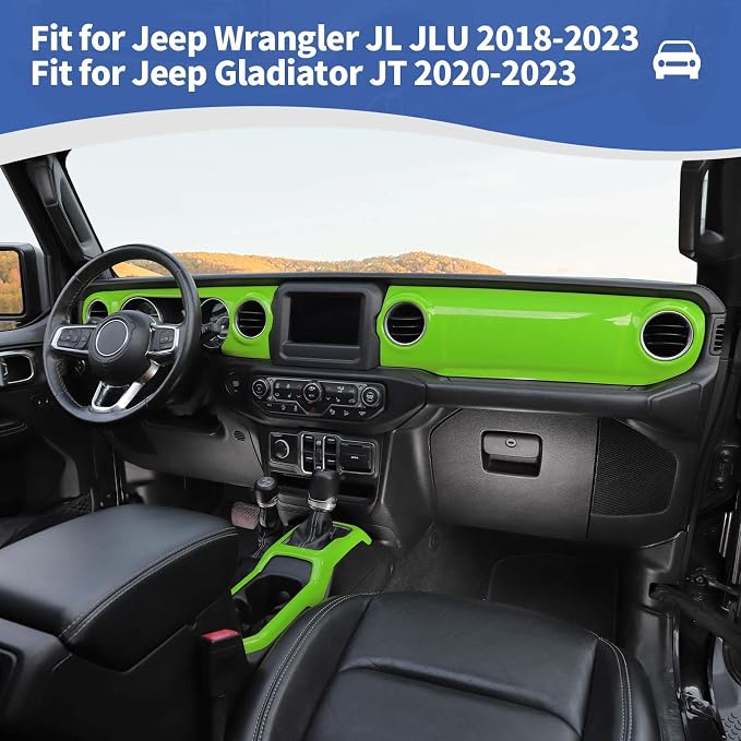 RT-TCZ for Wrangler JL Dash Trim Cover Green, Gear Shift Panel Trim Frame for Jeep Wrangler JL JLU Gladiator JT 2018-2023 Green Interior Accessories 3pcs
