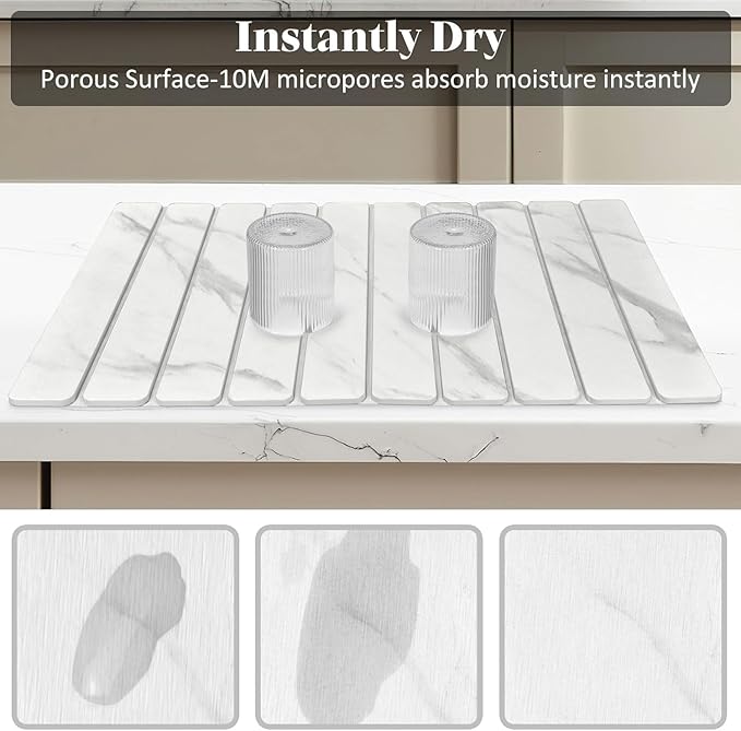 2 PCS Large Stone Dish Drying Mat for Kitchen Counter, 24"×16" Marble Dish Drying Mat with 8"x 4" Coasters, Non - Slip Collapsible Absorbent Mat for Multi - Purpose, Match Any Countertop【White】