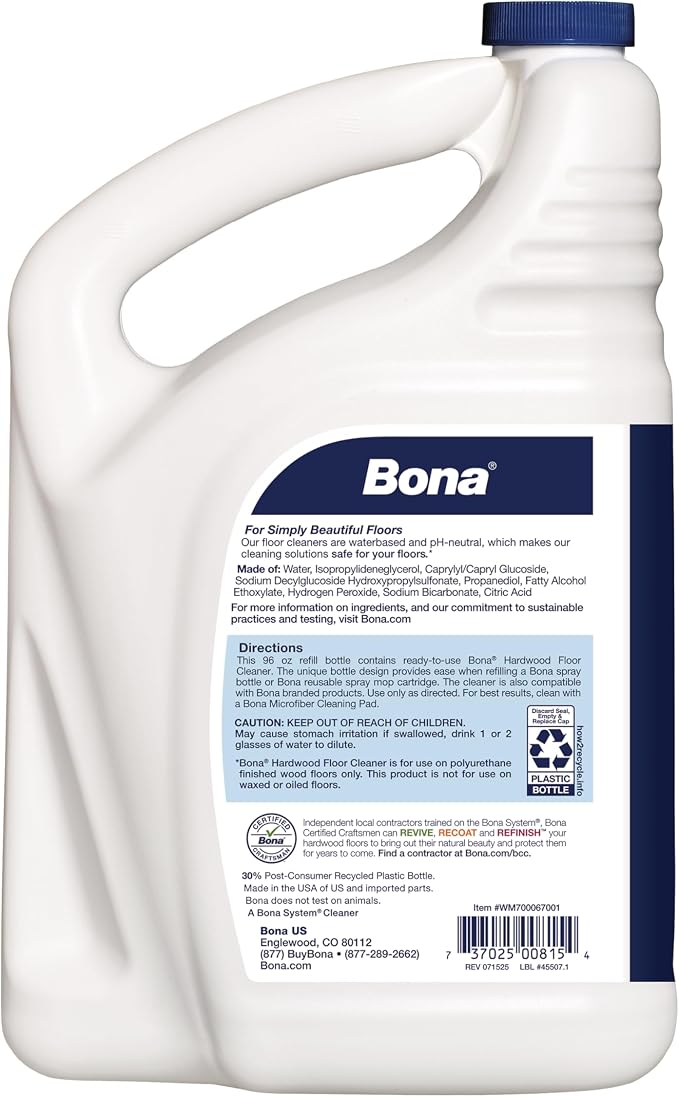 Bona Hardwood Floor Cleaner Refill - 96 fl oz - Unscented | Refill Spray Mops and Spray Bottles - Residue-Free Floor Cleaning Solution for Wood Floors