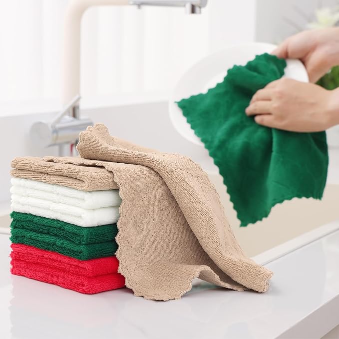 Homaxy 12 Pack Kitchen Dish Cloths, Super Soft and Absorbent Coral Velvet Dish Towels, Nonstick Oil Fast Drying Microfiber Cleaning Cloth, 10 x 10 inches, Dark Green/Tan/Red/White