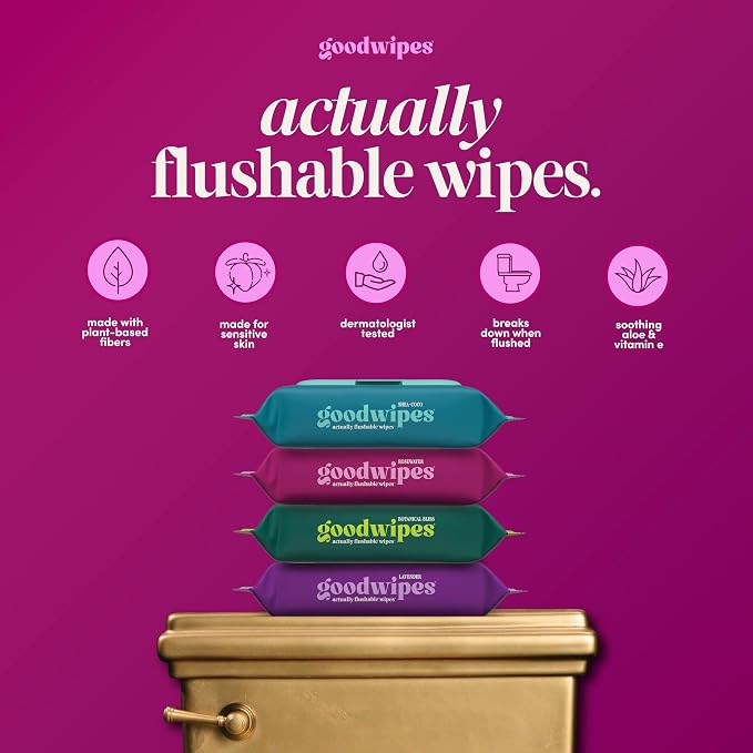 goodwipes Flushable Wipes for Adults - Rosewater Butt Wipes for Women & Men, Septic Safe, Toilet & Bathroom Essentials, Extra Large, 318 Count (6 Packs and 1 Travel Pack)