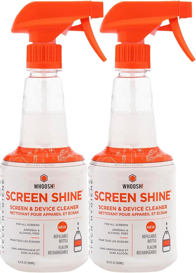 WHOOSH! Pro 16.9 fl oz Refillable TV Screen Cleaner & Microfiber Cloth - Streak-Free Cleaner for Flat Screens, OLED, LCD, Smart TV, Monitors - Non-Toxic, Odorless - Electronics Cleaning Kit, Set of 2