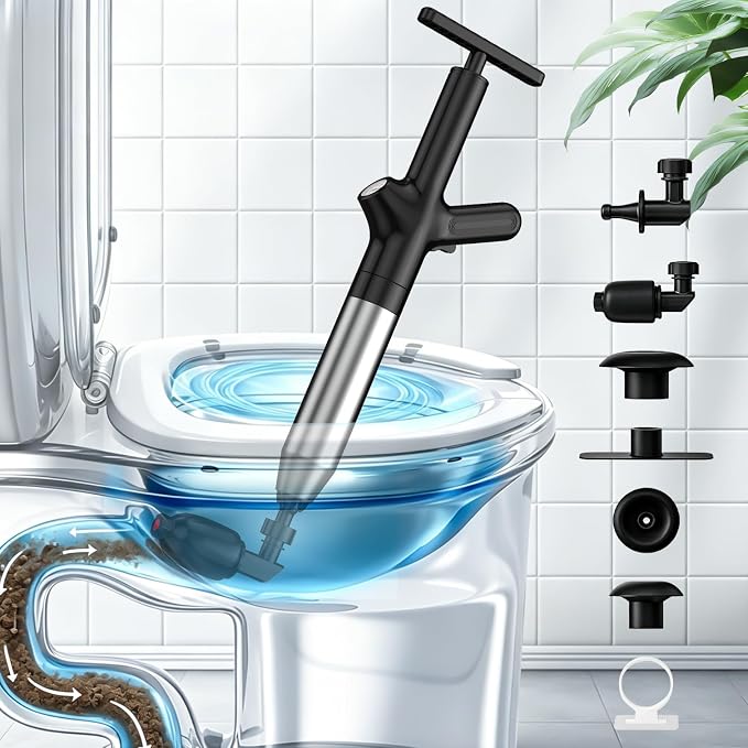 Toilet Plunger, High Pressure Toilet Plunger, Toilet Unclogger Tool for Drain Clog, Heavy Duty Plunger with Gauge, 4 Heads for Bathroom, Sink, Shower